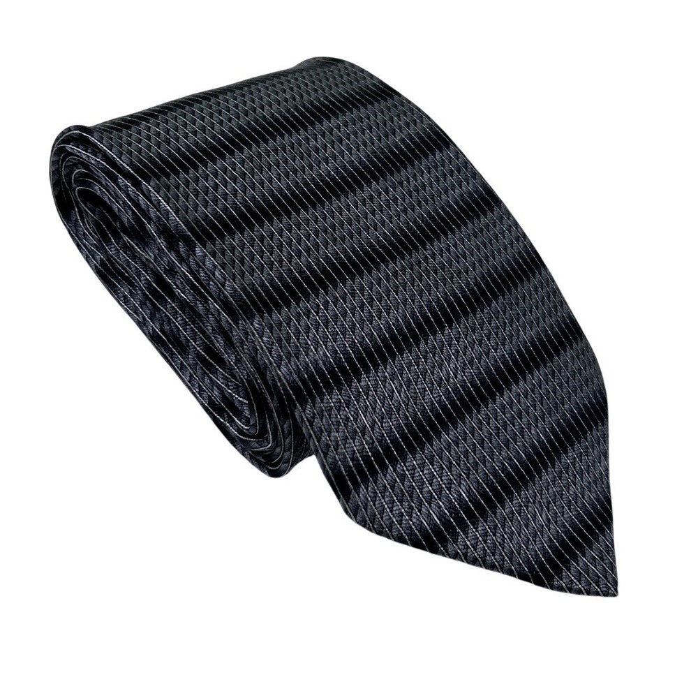 Umo Lorenzo Mens Silk Necktie Black Charcoal Grey OS Textured Striped Italy